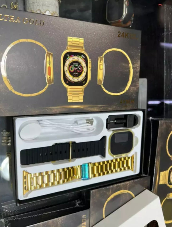 Smartwatch Ultra Gold 24k IOS ANDROID NFC GPS com 2 pulseiras